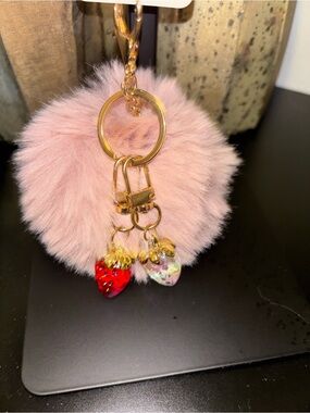 Pink Faux Fur Pom Keychain with Gold Hardware and Strawberry Charms